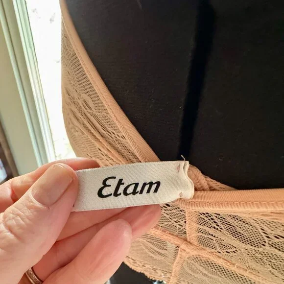 Etam Nude Lace Bralette Women’s Size L Floral Sheer Stretch Longline Crop Top - Picture 2 of 5